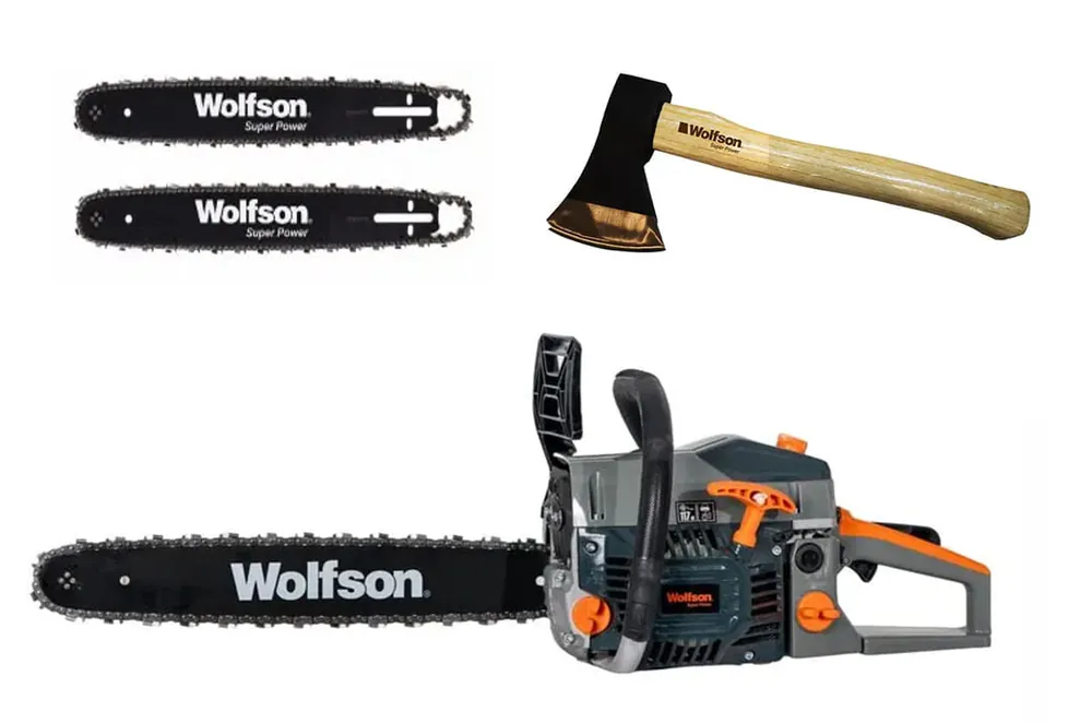 Doar azi Drujba pe benzina WOLFSON STX-620, 3.5CP, 58CC, 2 lame, 2 lanturi + toporisca Wolfson 600g