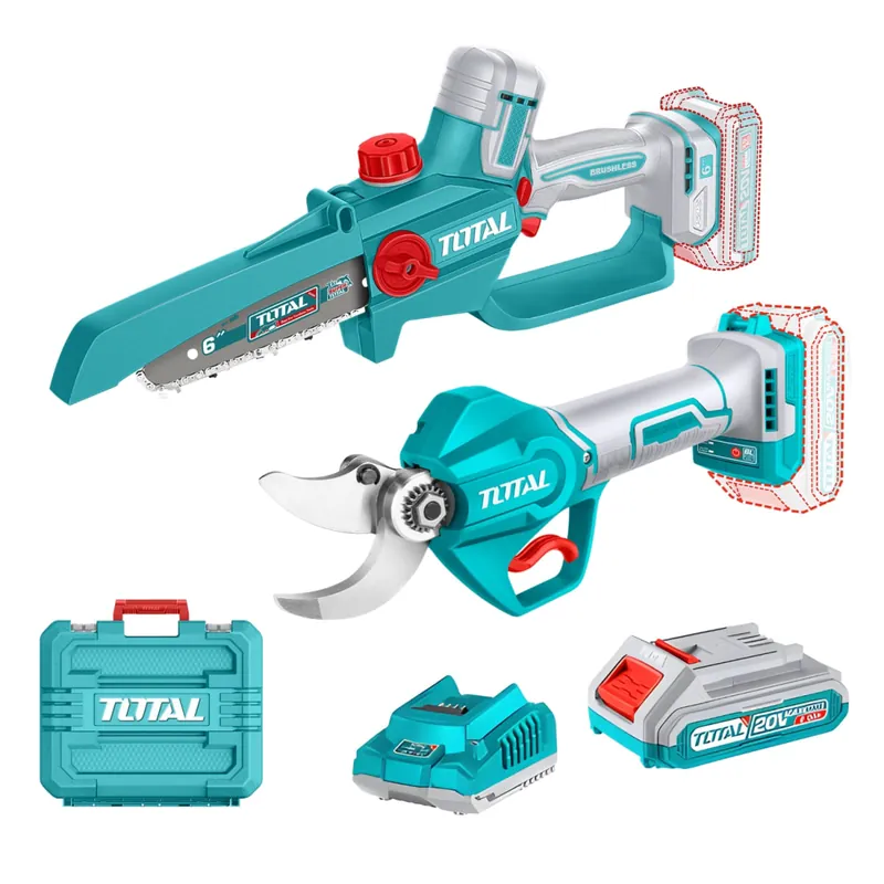 Kit gradinarit TOTAL 20V – Foarfeca electrica de crengi + Mini drujba (include 2 acumulatori si 1 incarcator) Ofertă